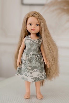Lalka 32cm blond włosy w sukience moro pixel
